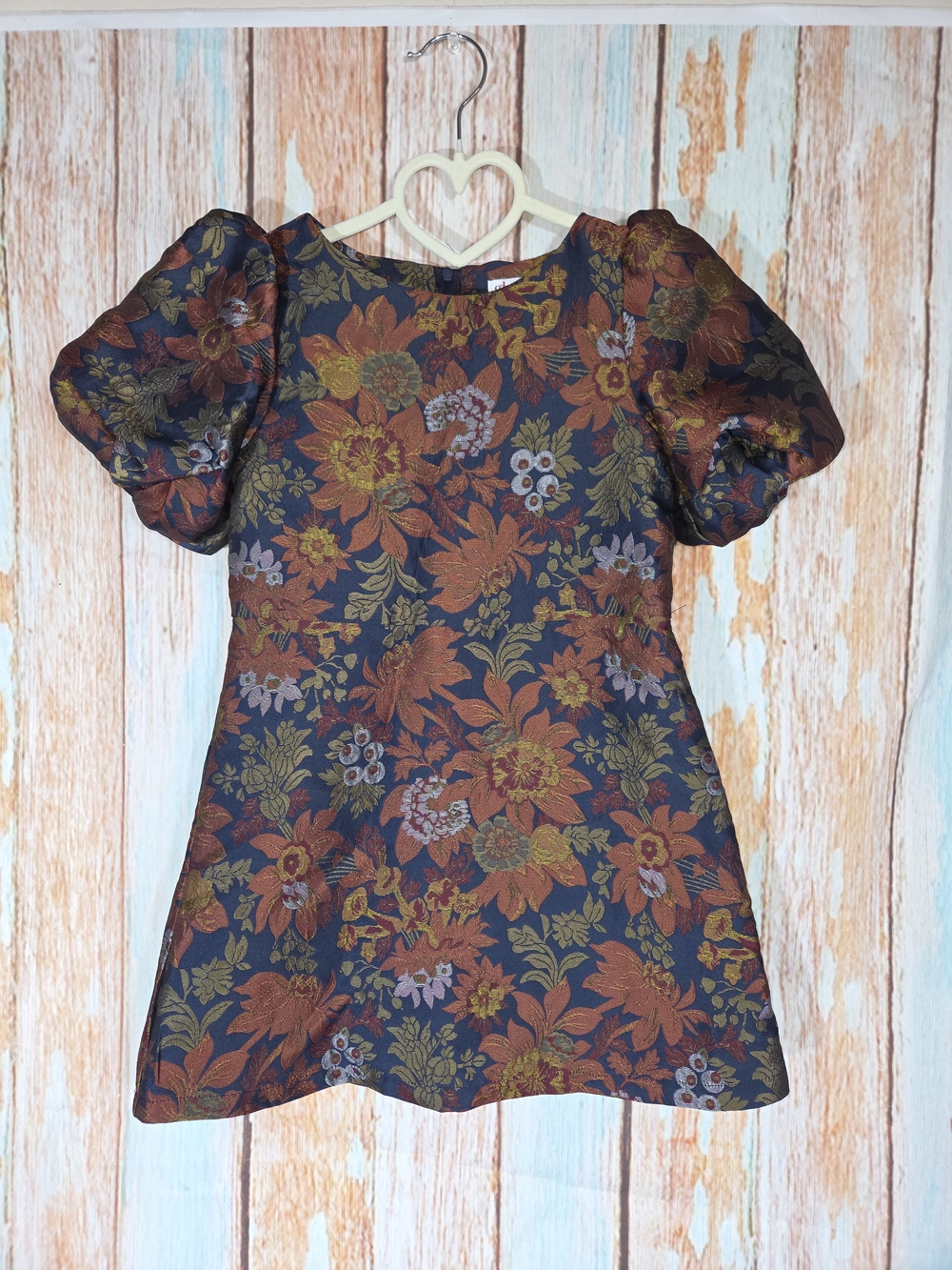 GB girls Navy Floral Puff-Sleeve Dress Rust/Olive Accents. Fall Thanksgiving 5
